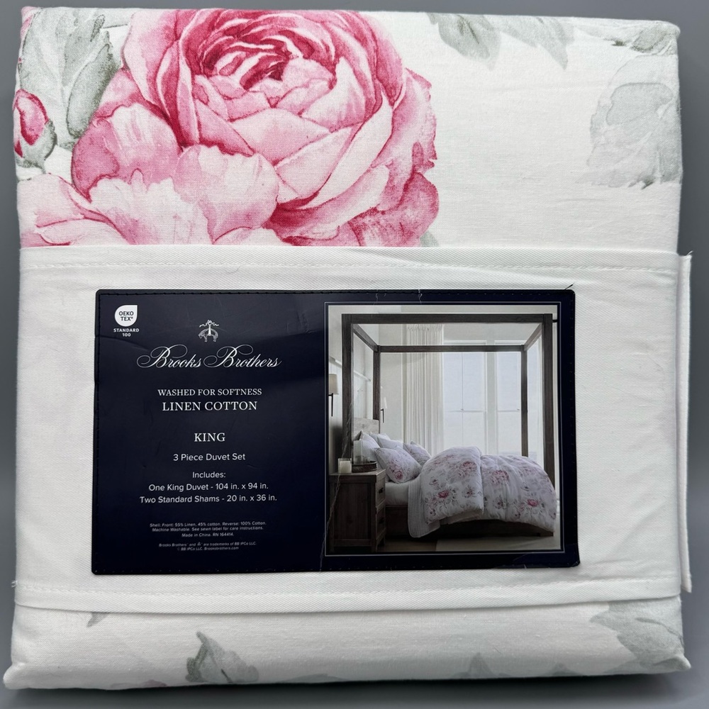 3pc Brooks Brothers Pink Roses Floral KING Duvet Sham Set Linen Cotton Blend NEW